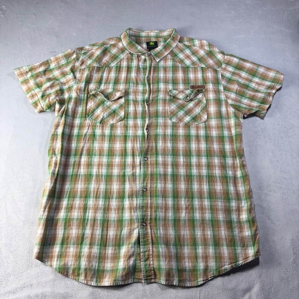 John Deere Mens XL Green Brown Plaid Short Sleeve Pearl Snap Western Shirt
